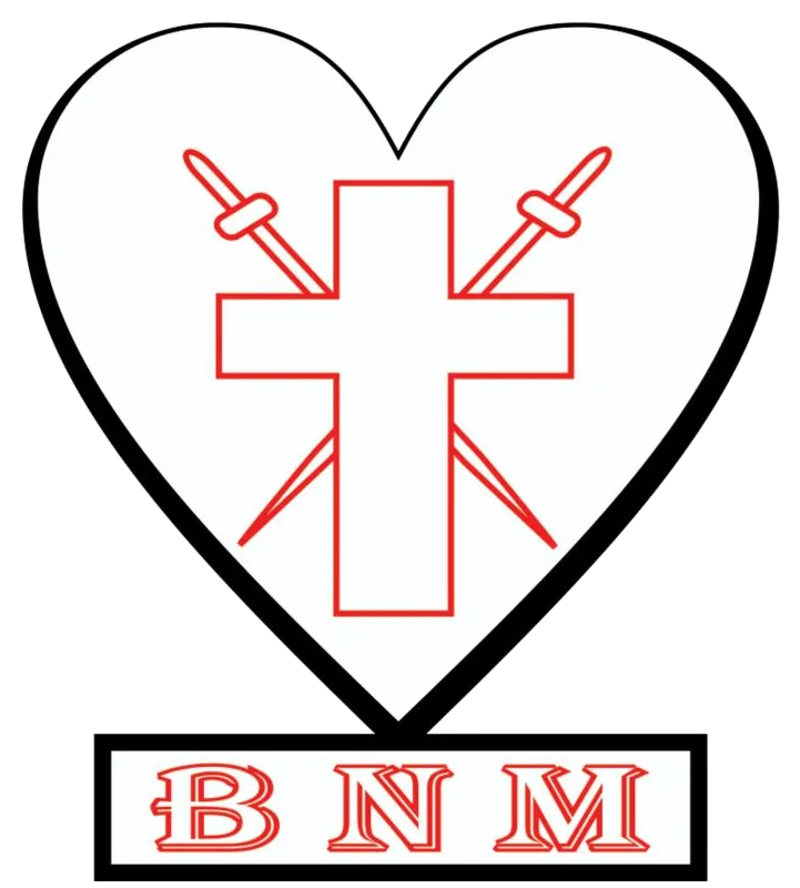 The BNM mark: a heart holding the cross with crossed swords, above the BNM monogram